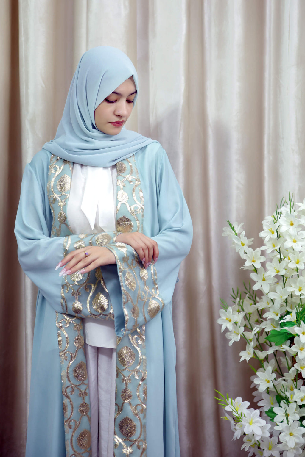 Sky Blue Open Abaya – Modest Wear with Golden Threadwork for Women