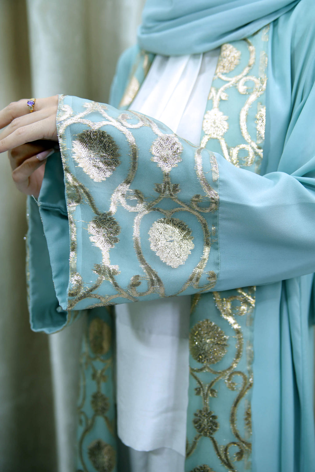 Sky Blue Open Abaya – Modest Wear with Golden Threadwork for Women