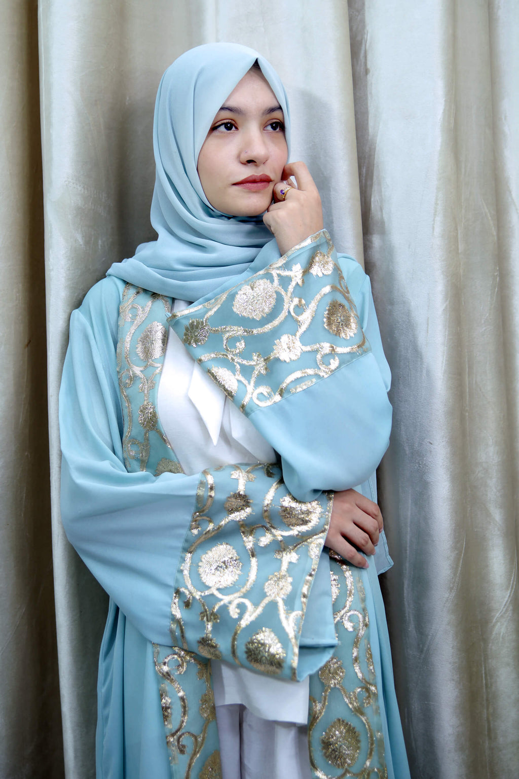 Sky Blue Open Abaya – Modest Wear with Golden Threadwork for Women