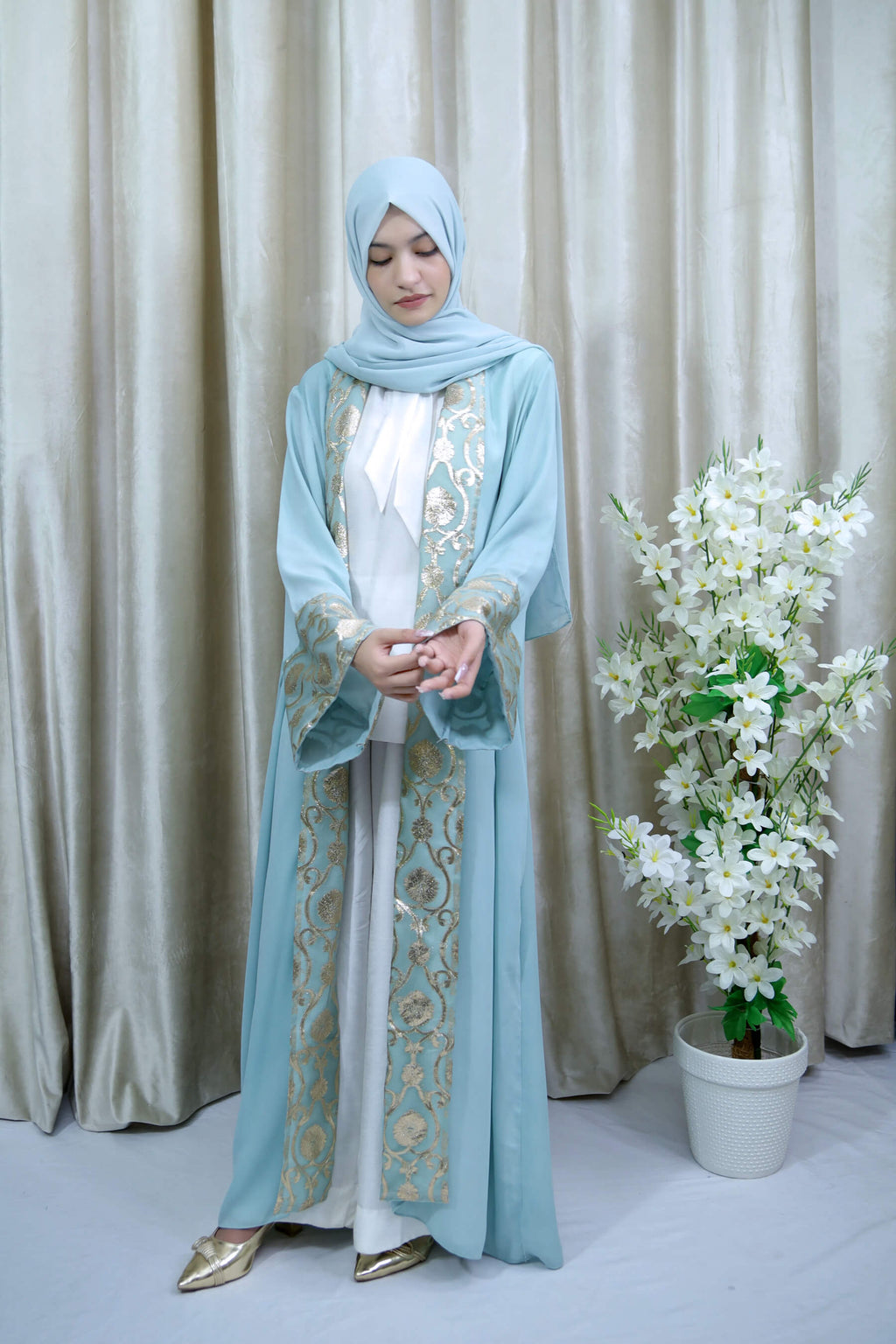 Sky Blue Open Abaya – Modest Wear with Golden Threadwork for Women