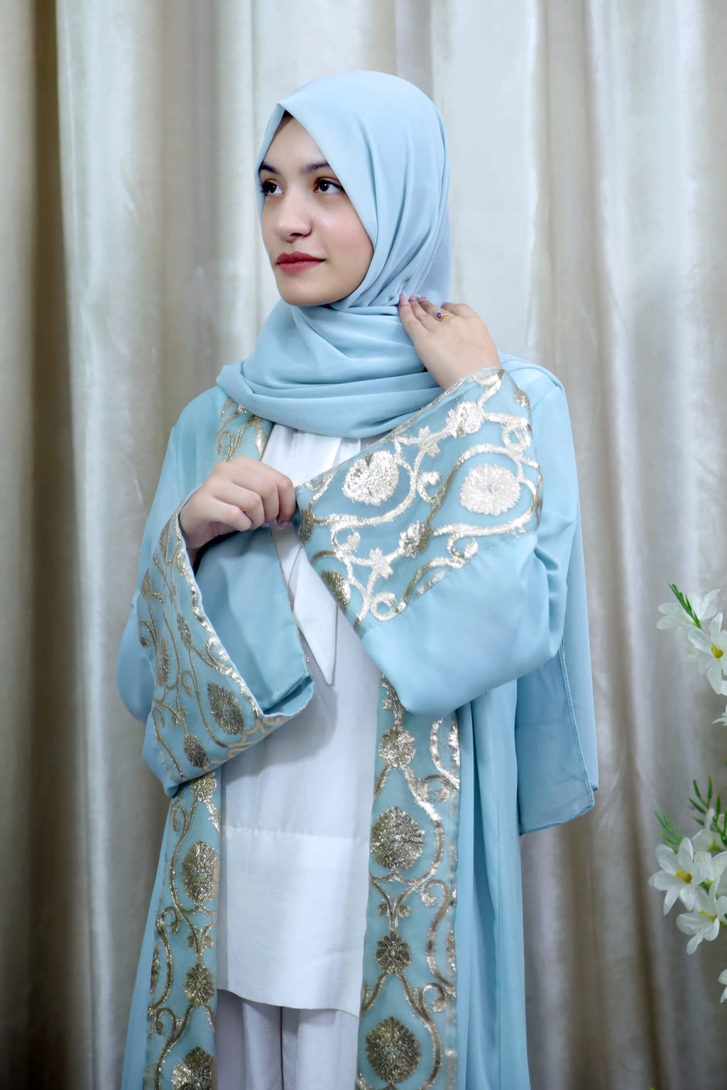 Sky Blue Open Abaya – Modest Wear with Golden Threadwork for Women