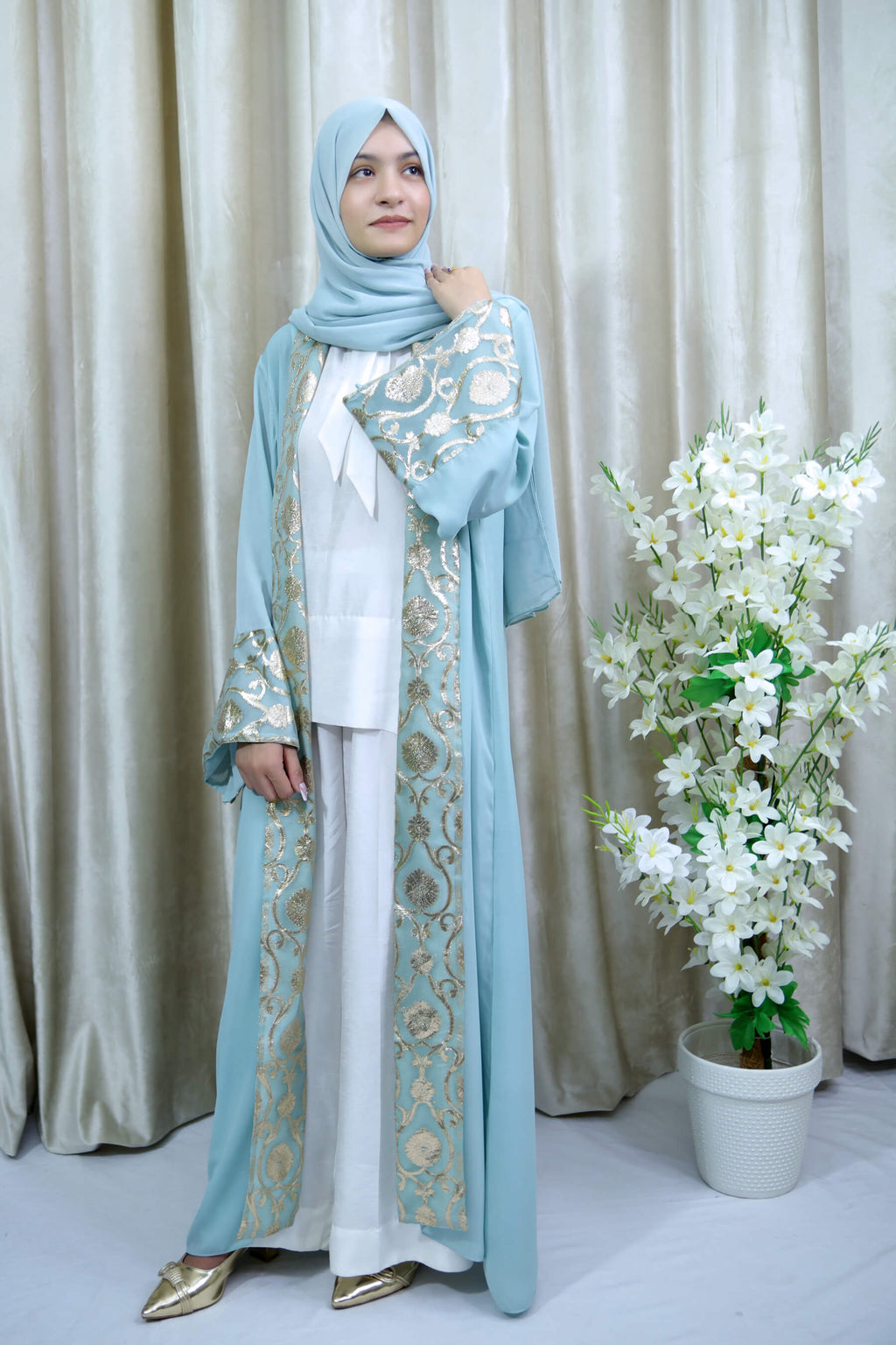 Sky Blue Open Abaya – Modest Wear with Golden Threadwork for Women