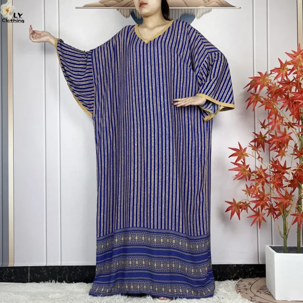 New Dubai Muslim Sets Cotton Dress Fashion Women Loose Maxi Kaftan Stripe Print Femme African islamic Clothing For Women Abaya 2