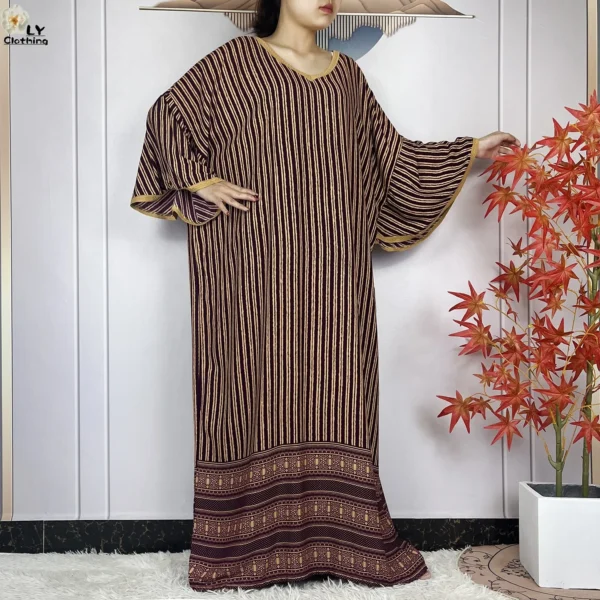 New Dubai Muslim Sets Cotton Dress Fashion Women Loose Maxi Kaftan Stripe Print Femme African islamic Clothing For Women Abaya 5