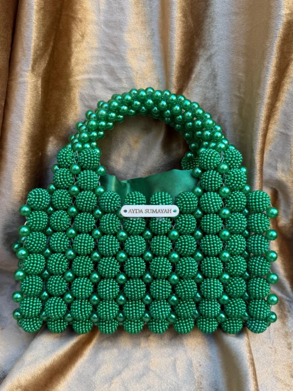 Luxury Emerald Green Pearl Beaded Top Handle Handbag