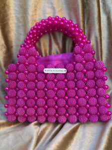Handmade Magenta Pink Pearl Beaded Clutch Bag with Satin Pouch