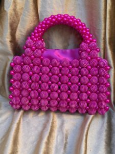 Handmade Magenta Pink Pearl Beaded Clutch Bag with Satin Pouch