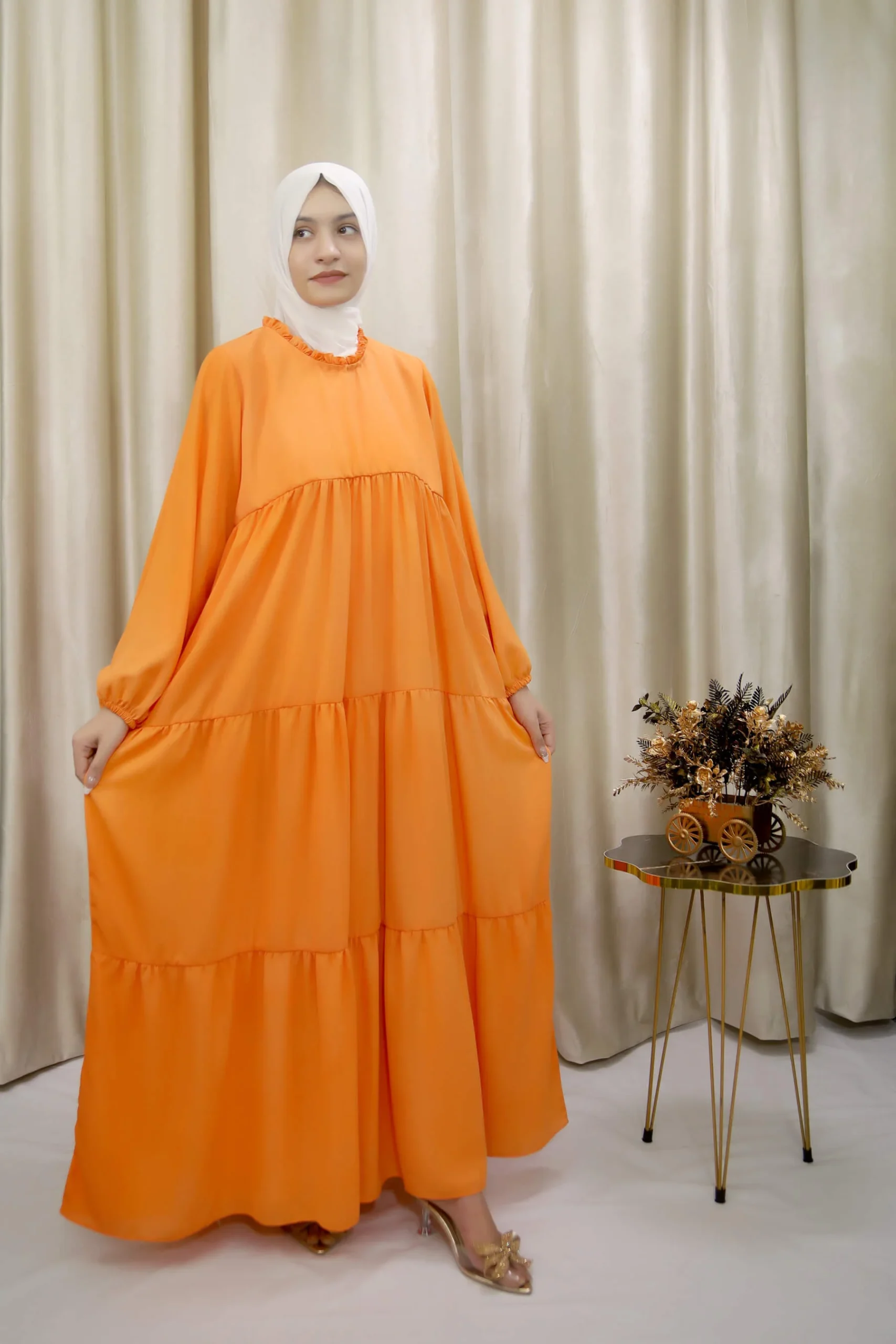 open lace back dress Barika Black & Orange Crepe Short Abaya