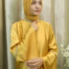 ZamZam - Golden Satin Abaya with Lace Trim on Neck & Sleeves – Modest Dress for Women