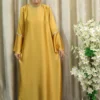 ZamZam - Golden Satin Abaya with Lace Trim on Neck & Sleeves – Modest Dress for Women