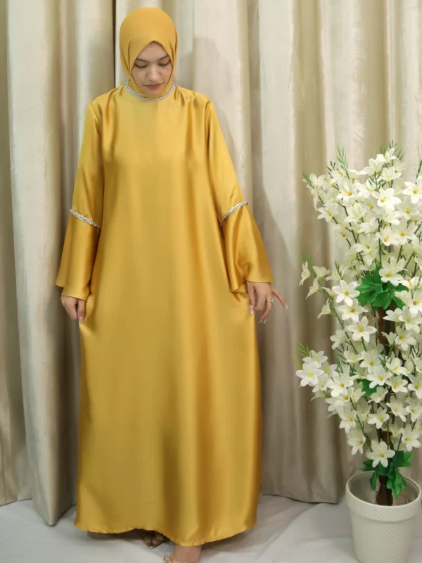 ZamZam - Golden Satin Abaya with Lace Trim on Neck & Sleeves – Modest Dress for Women