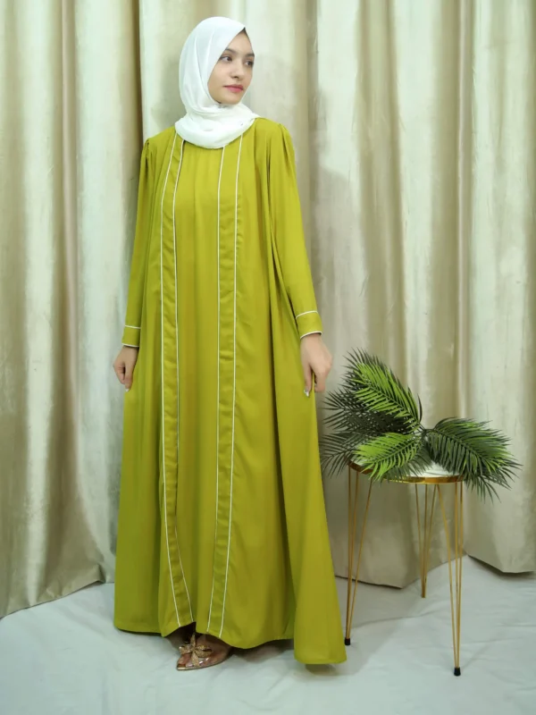 Hajarah - Elegant Green Open Abaya with White Piping – Modest Long Dress for Women