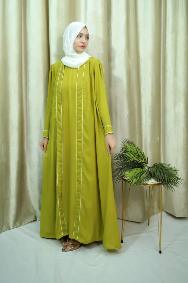 Hajarah - Elegant Green Open Abaya with White Piping – Modest Long Dress for Women