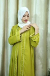 green-abaya-cuff-closeup Hajarah - Elegant Green Open Abaya with White Piping – Modest Long Dress for Women