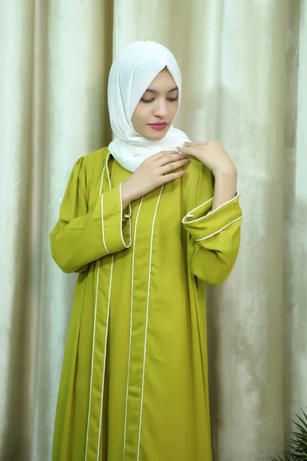 Hajarah - Elegant Green Open Abaya with White Piping – Modest Long Dress for Women