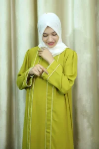 green-abaya-sleeve-detail-smile Hajarah - Elegant Green Open Abaya with White Piping – Modest Long Dress for Women