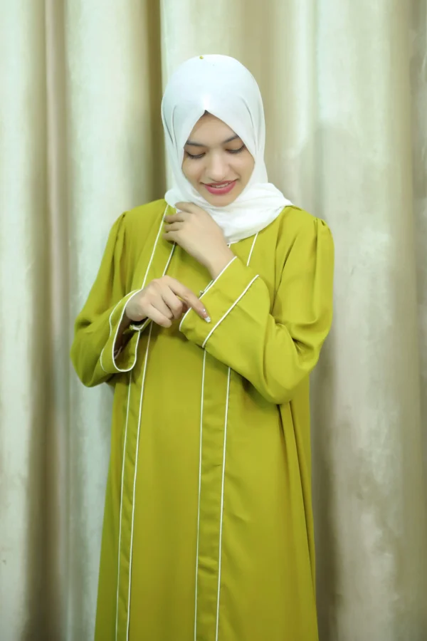 Hajarah - Elegant Green Open Abaya with White Piping – Modest Long Dress for Women
