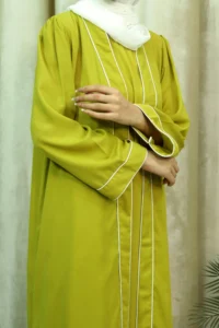 green-open-abaya-front-closeup Hajarah - Elegant Green Open Abaya with White Piping – Modest Long Dress for Women