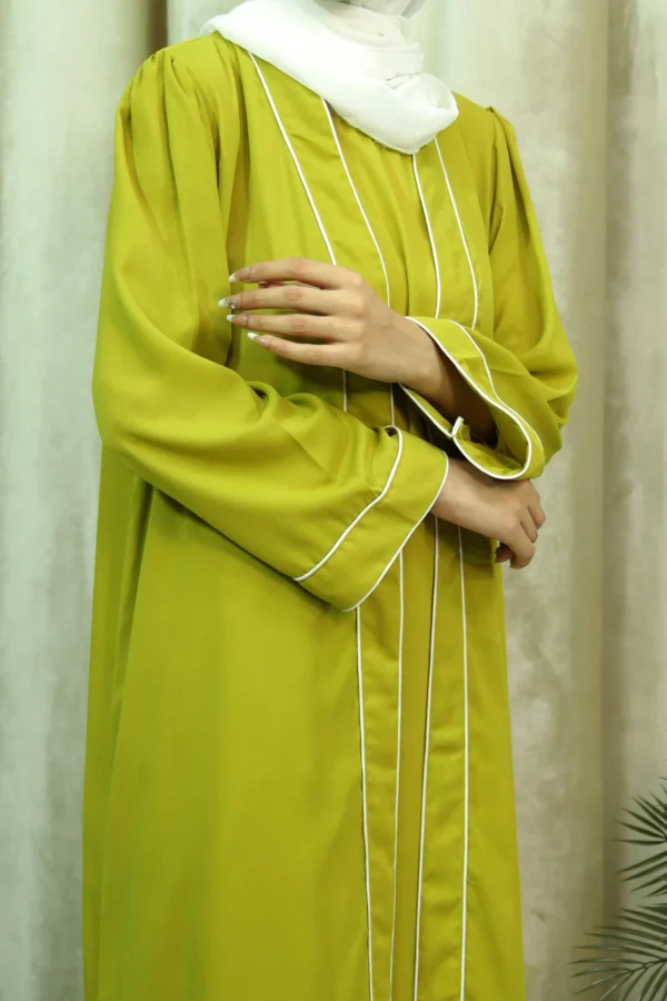 Hajarah - Elegant Green Open Abaya with White Piping – Modest Long Dress for Women