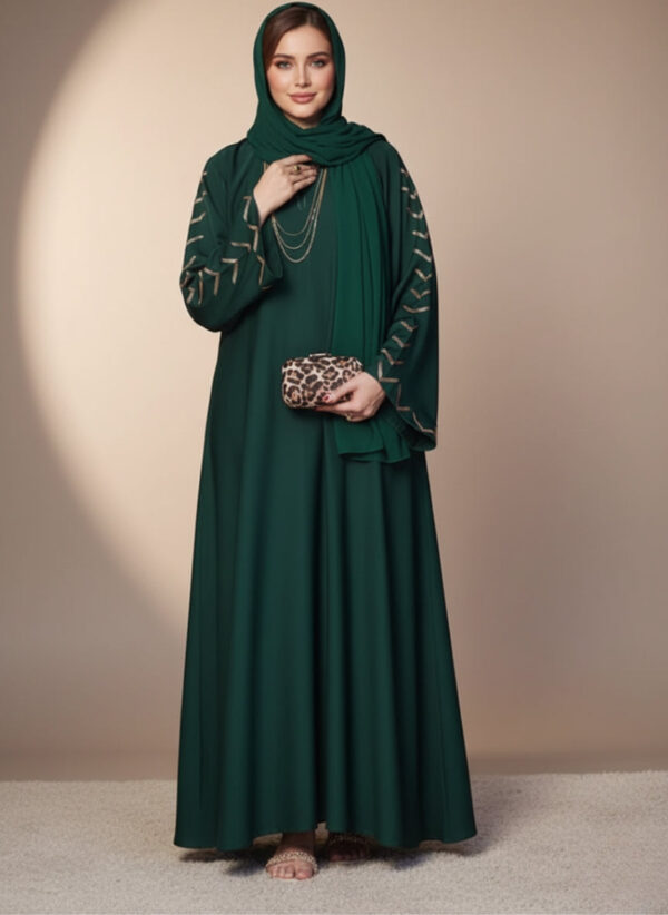 Luxury Green Abaya Crafted from Soft Nidha Fabric for Timeless Grace