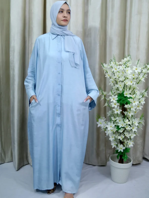 Shehnaz - Light Blue Button-Down Abaya with Pockets – Everyday Elegance