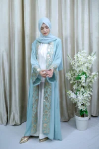 Sumayah Abaya - Sky Blue Open Abaya with Gold Embroidery – Modest UK Wear