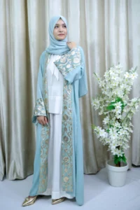 Sumayah Abaya - Sky Blue Open Abaya with Gold Embroidery – Modest UK Wear