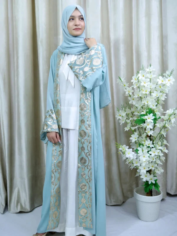 Sumayah Abaya - Sky Blue Open Abaya with Gold Embroidery – Modest UK Wear