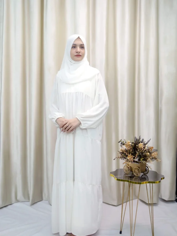Nadrah - Elegant White Tiered Abaya Dress – Modest Georgette Maxi for Women in UK