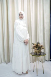 Nadrah - Elegant White Tiered Abaya Dress – Modest Georgette Maxi for Women in UK