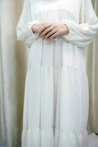 Nadrah - Elegant White Tiered Abaya Dress – Modest Georgette Maxi for Women in UK